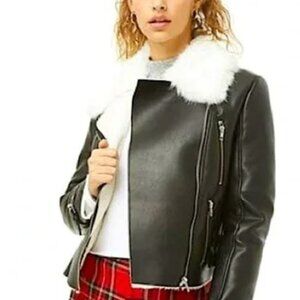 Forever 21 Moto Jacket  Faux Fur Vegan Leather Buckles Cropped Black Sz M